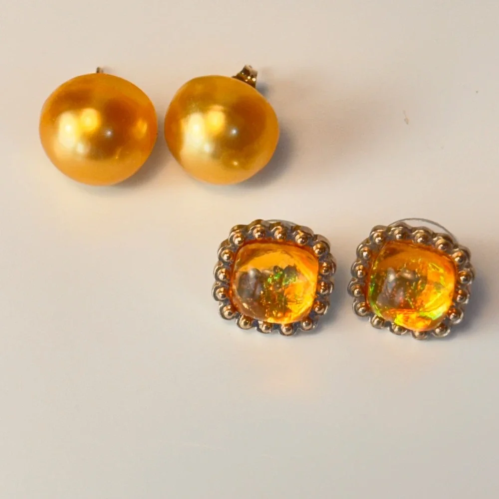 Vintage Stud Earring Set Gold Faux Pearl Orange Faux Opal Statement Boho